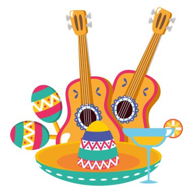 Meksika şapkası, gitar ve marakas.