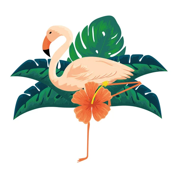 Oiseau flamboyant exotique aux fleurs et aux feuilles — Image vectorielle