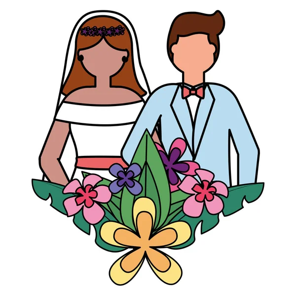 Pan młody i narzeczona kwiaty pozostawia dekoracje ślubne — Wektor stockowy