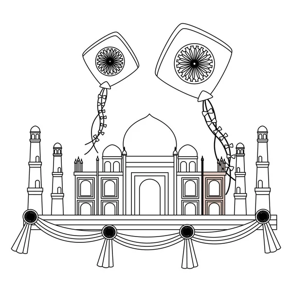 Taj Mahal 印度清真寺与风筝飞行 — 图库矢量图片