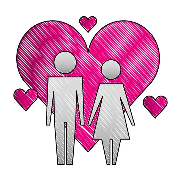 Pictogramme amour couple personnages coeurs — Image vectorielle