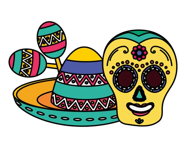 Totenmaske mit mexikanischem Hut und Maracas — Stockvektor