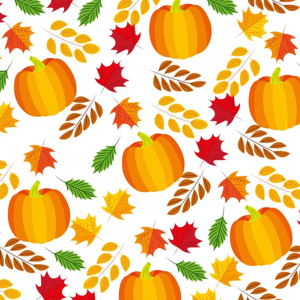 Pumpkins maple leaves branch decoration pattern — Stock Vector