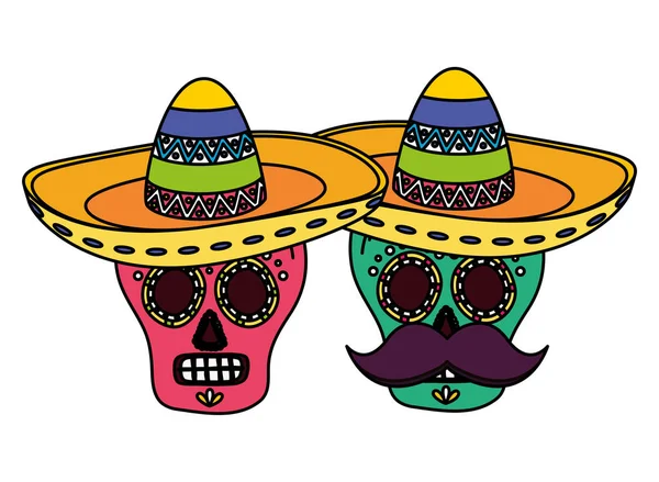 Día de los cráneos muertos máscaras con sombrero mexicano — Archivo Imágenes Vectoriales