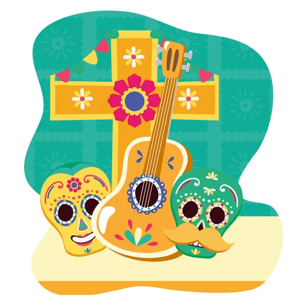 Day of the dead celebration skulls masks with guitar and cross — Stock Vector