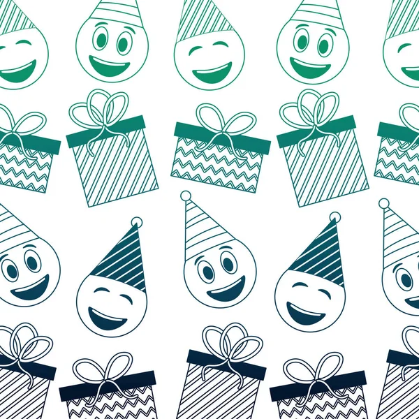 Emoji kawaii avec chapeau fête et boîte cadeau modèle cadeau — Image vectorielle