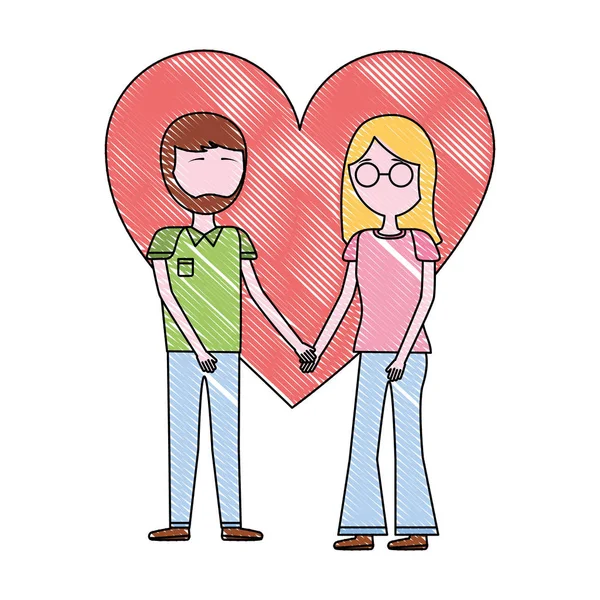 Νεαρό ζευγάρι κρατώντας τα χέρια στην καρδιά της αγάπης — Διανυσματικό Αρχείο