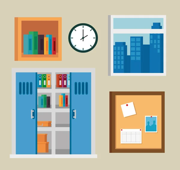 Bürobücher im Bücherregal und Fenster mit Uhr und Notizblock — Stockvektor