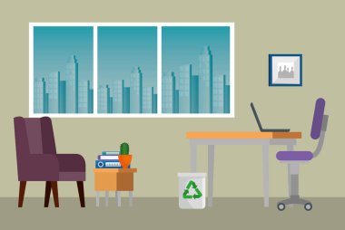 kitap ve pencerelere sahip masa ve sandalyelerle donatılmış dizüstü bilgisayar