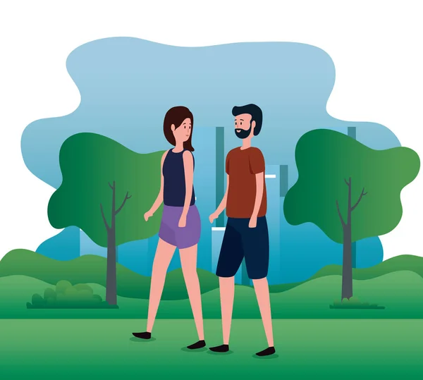 Γυναίκα και άντρας ζευγάρι με δέντρα και βουνά — Διανυσματικό Αρχείο