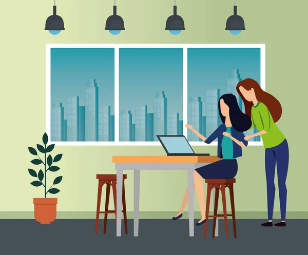 Mulheres de negócios com laptop na mesa e cadeiras com luzes — Vetor de Stock