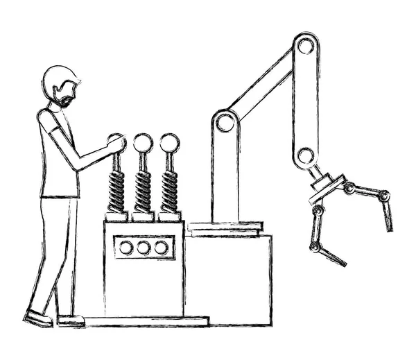 Operador que trabaja con el brazo robótico dibujo a mano de fábrica industrial — Vector de stock