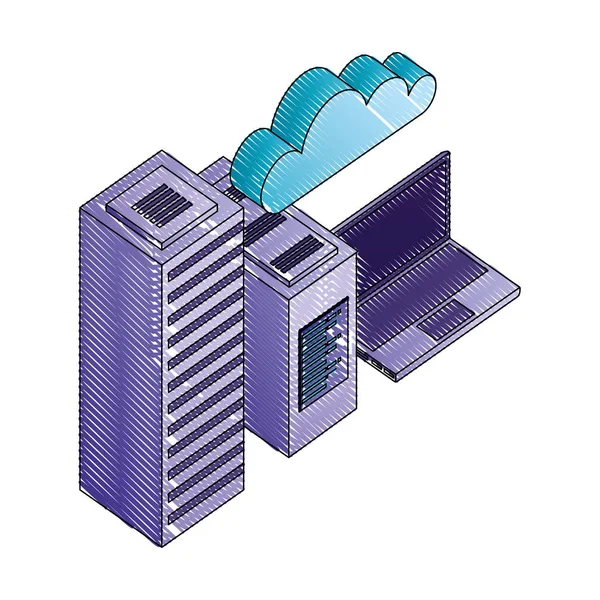 서버 데이터 및 클라우드 컴퓨팅 아이소메트릭이 있는 랩톱 컴퓨터 — 스톡 벡터