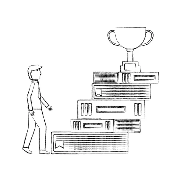 Pilha de livros de biblioteca com copo de troféu e empresário —  Vetores de Stock