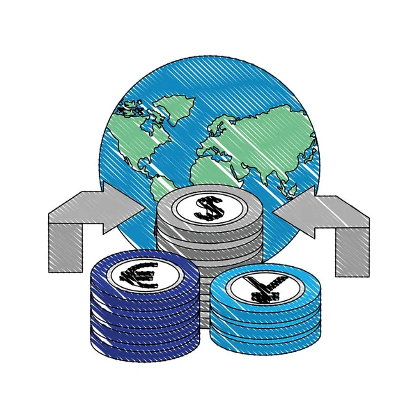 Flechas mundiales moneda yen euro dólar dinero cambio de divisas — Vector de stock