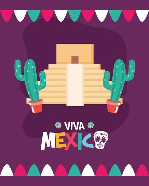 Pyramide et mexicain cactus célébration viva mexico — Image vectorielle