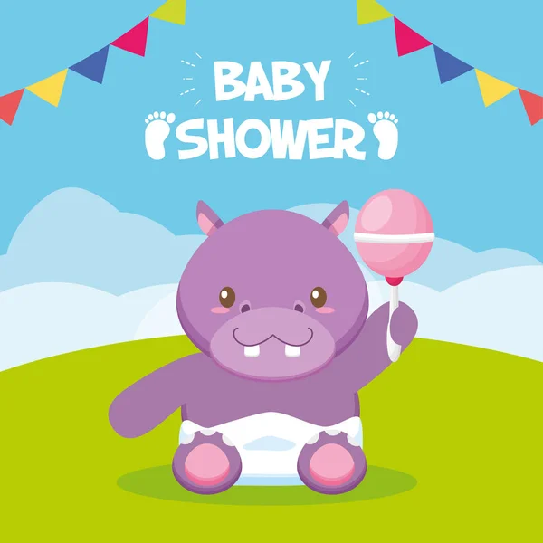 Hippopotame avec hochet jouet carte de douche bébé — Image vectorielle