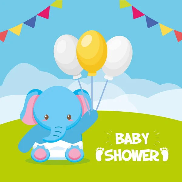 Elephant with balloons toy baby shower card — Stock Vector