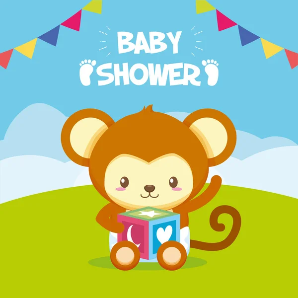 Scimmia con cubo giocattolo baby shower card — Vettoriale Stock