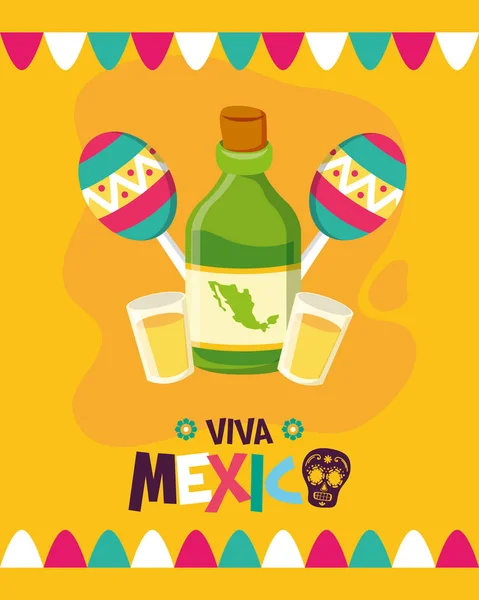 テキーラボトルとマラカスのお祝いビバメキシコ — ストックベクタ