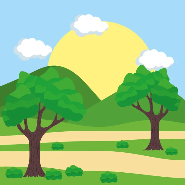 Paysage arbre soleil ciel chemin conception — Image vectorielle
