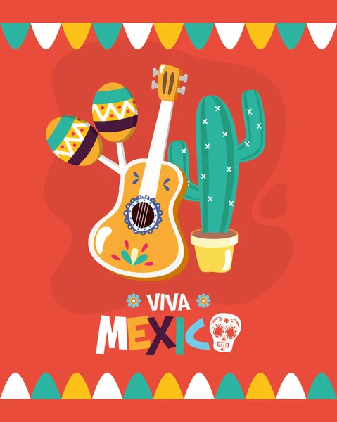 Gitarr kaktus maracas firande Viva Mexiko — Stock vektor