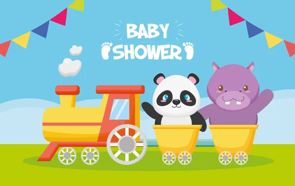 पांडा हिप्पो ट्रेन टॉय बेबी शॉवर कार्ड — स्टॉक व्हेक्टर