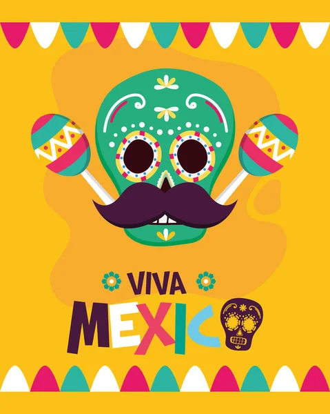 糖头骨马拉卡斯胡子庆祝维瓦墨西哥 — 图库矢量图片