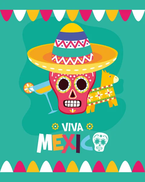 Cukor koponya Pinata és koktél ünnepe Viva Mexikó — Stock Vector