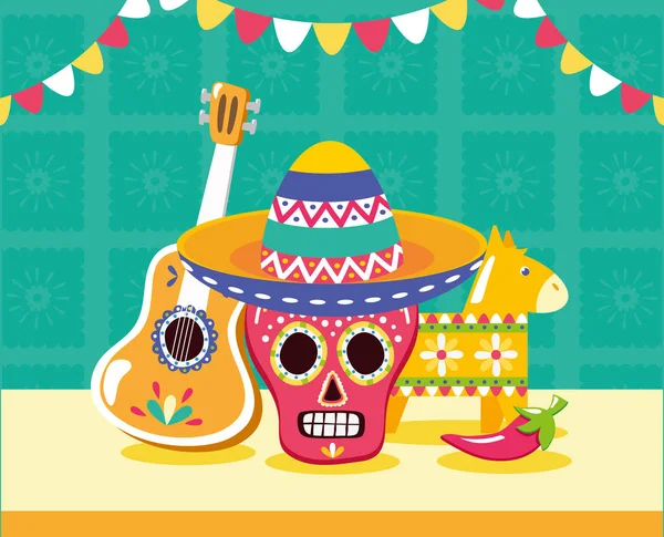 Guitarra calavera y piñata celebración viva méxico — Vector de stock