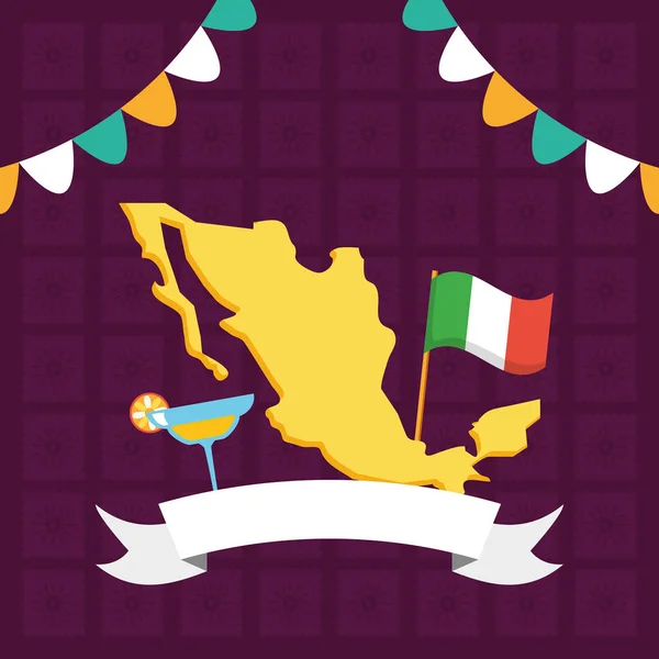 Mexicaanse kaart vlag en cocktail viering Viva Mexico — Stockvector