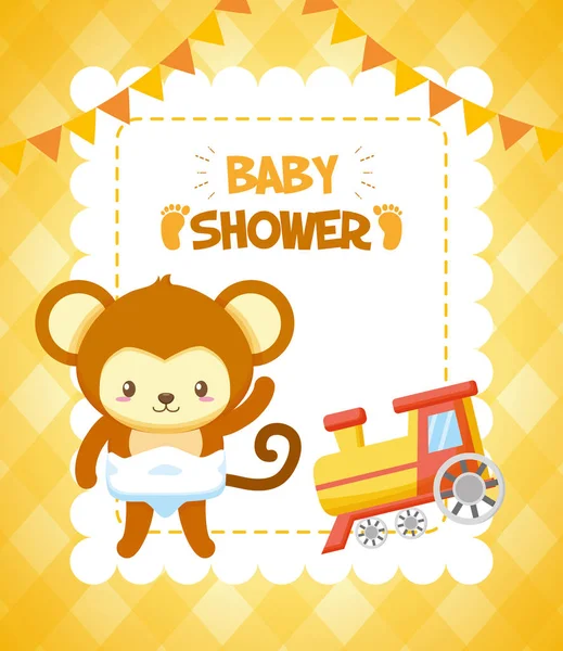 Monkey with train toy baby shower card — Stockvector
