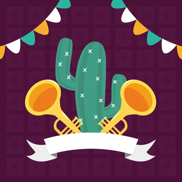 Cactus och trumpeter Celebration Viva Mexico — Stock vektor