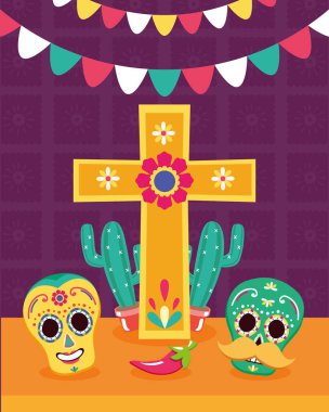 cross sugar skulls cactus decoration celebration viva mexico clipart