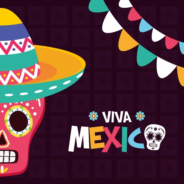 Cukrová lebka klobouk Garland oslava Viva Mexiko — Stockový vektor