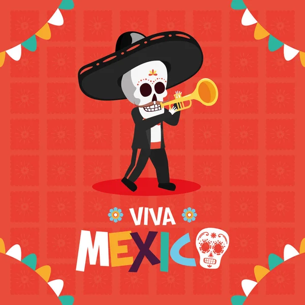 Skeleton playing trumpet celebration viva mexico — Stock Vector