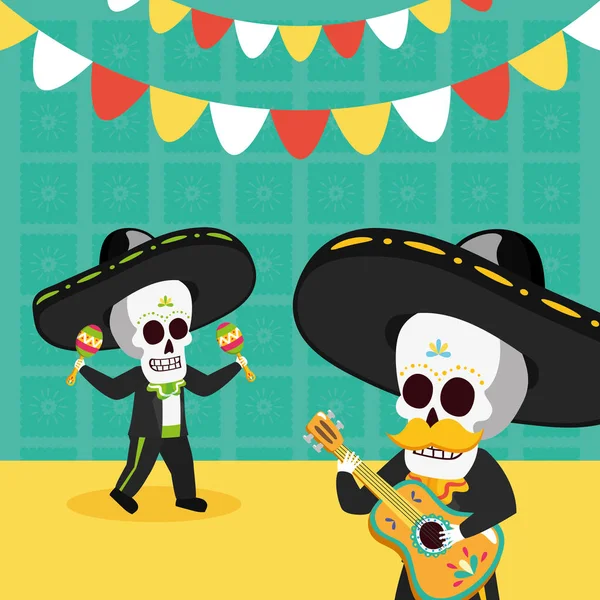 Squelettes avec guitare et maracas célébration viva mexico — Image vectorielle