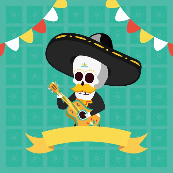 Skeleton playing guitar celebration viva mexico — Stock Vector