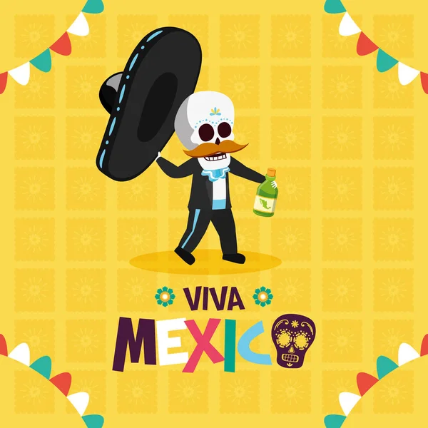 Kostra s kloboukem a tequilu oslavou Viva Mexiko — Stockový vektor