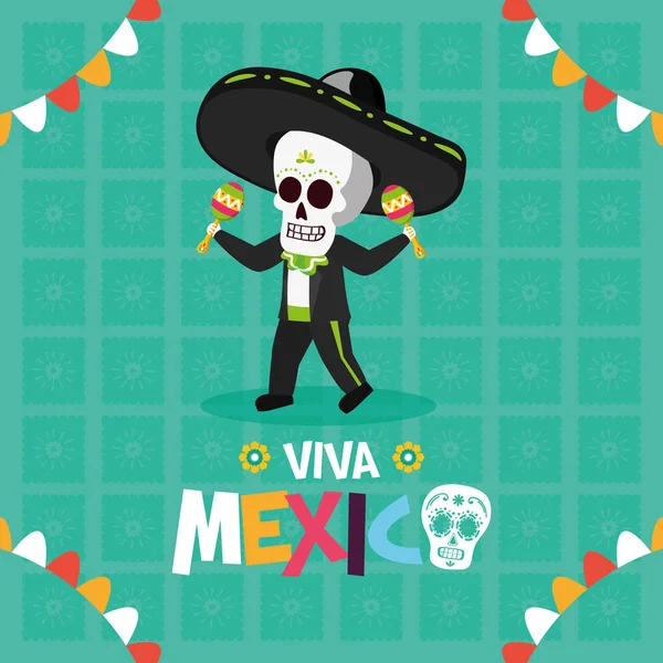 Squelette avec maracas célébration viva mexico — Image vectorielle