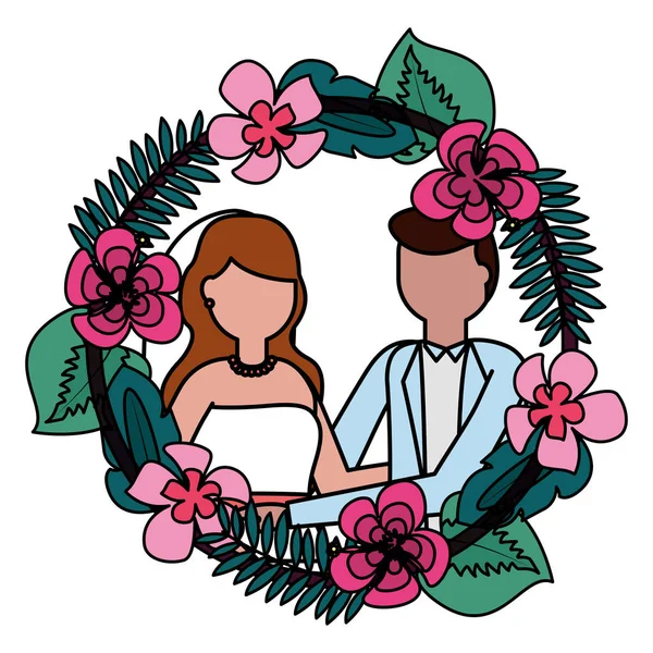 Bruid en bruidegom krans bloemen trouwdag — Stockvector