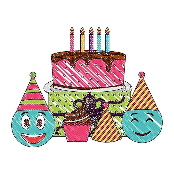 Birthday emoticon smiley cake cupcake gift and party hats — Stock Vector