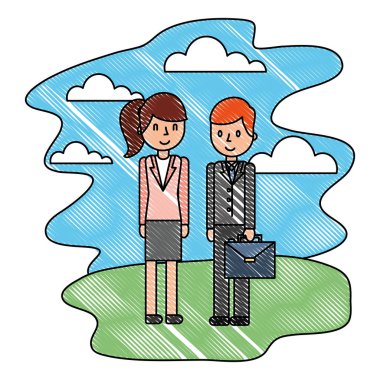 Evrak çantası peyzaj ile işadamı ve iş kadını