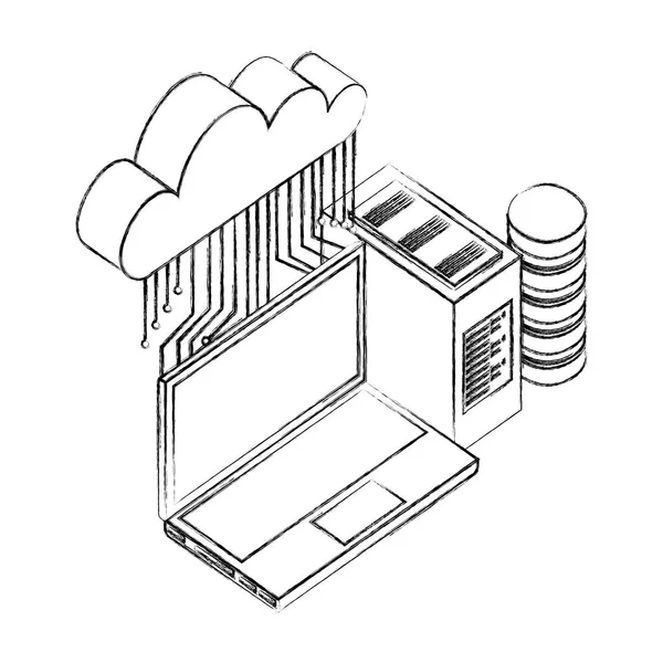 Computación en nube portátil base de datos servidor conexión red — Vector de stock