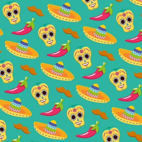 糖头骨帽子和辣椒庆祝维瓦墨西哥背景 — 图库矢量图片