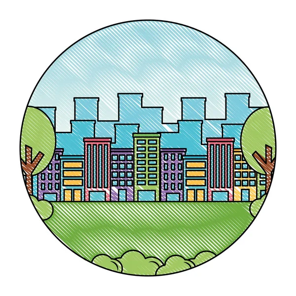 Paysage ville bâtiments arbres herbe rond étiquette — Image vectorielle