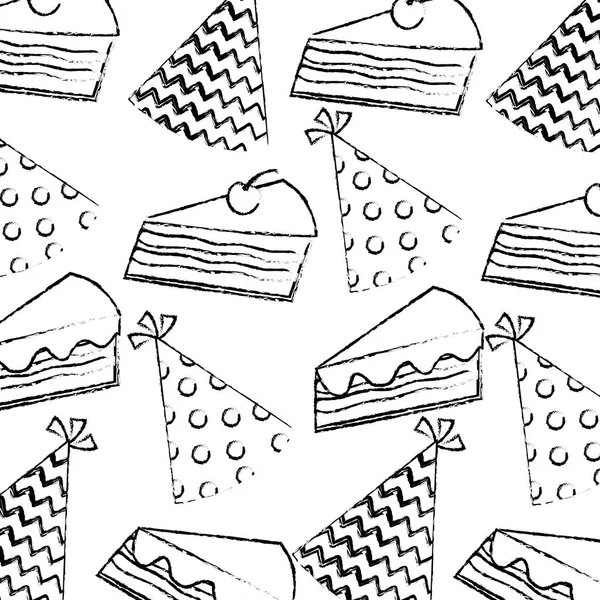 Geburtstagskuchen Kirsche und Partyhut Muster Handzeichnung — Stockvektor