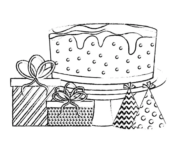 Pastel de cumpleaños con regalos y sombreros de fiesta dibujo a mano — Vector de stock