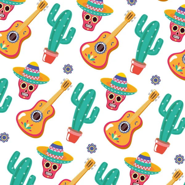 仙人掌植物与墨西哥帽子和吉他 — 图库矢量图片