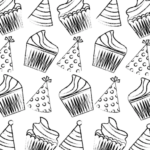 Cupcakes d'anniversaire et chapeaux de fête motif décoration dessin à la main — Image vectorielle